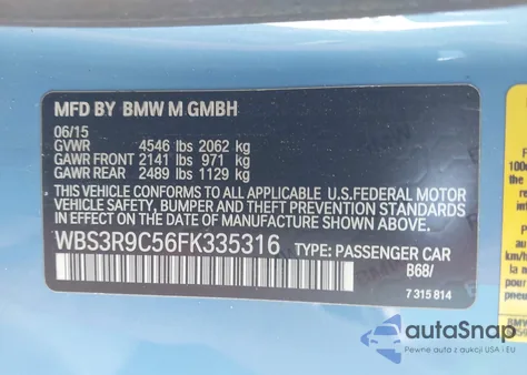 2015 BMW M4 z USA, uszkodzony, nr VIN WBS3R9C56FK335316